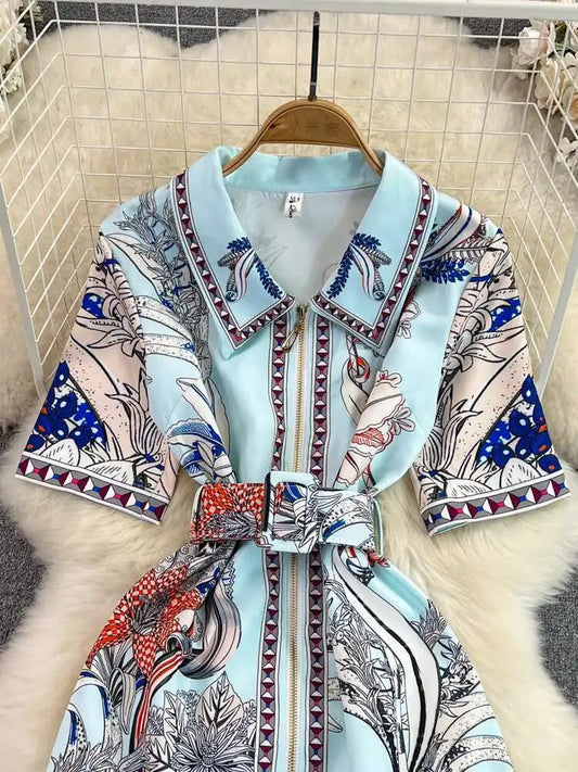 Short Sleeve Floral Print Sheath Bodycon Pencil Short Dress Shirt