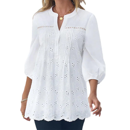 White V-Neck Hollow Out Pullover Nine Points