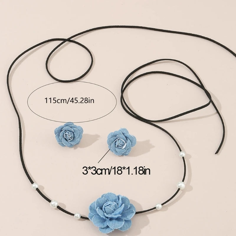 Lace-up Rope Chain Necklace Blue Fabric Flower Choker Necklace Earrings Set
