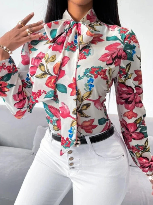 Women's Fashion Work Clothes Floral Print Bow Tie Shirt Fashion