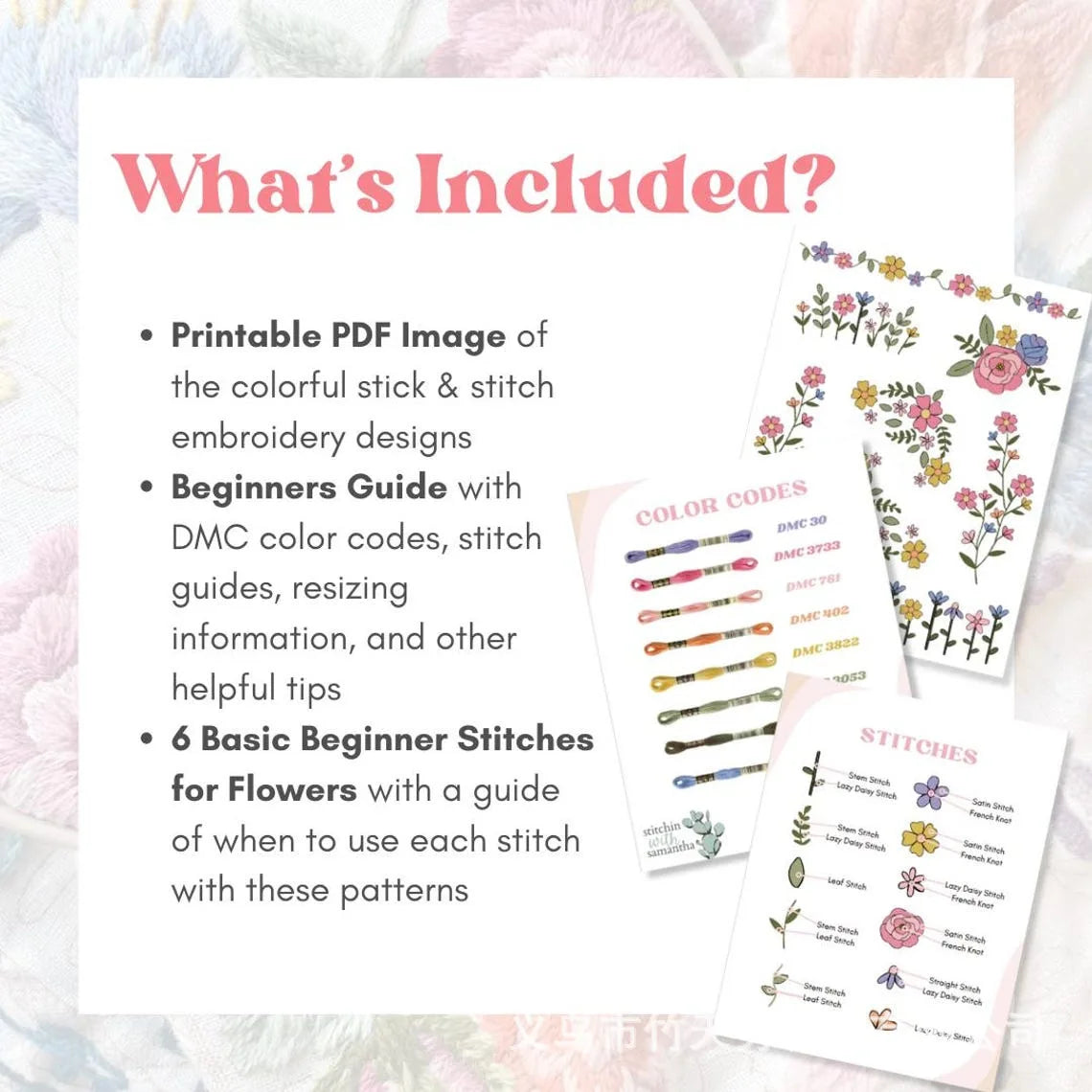 Hand Sewing Self Adhesive Water Soluble Washable Stabilizer with Pre-Printed Flowers Graphic for Beginner Embroidery Hand Sewing