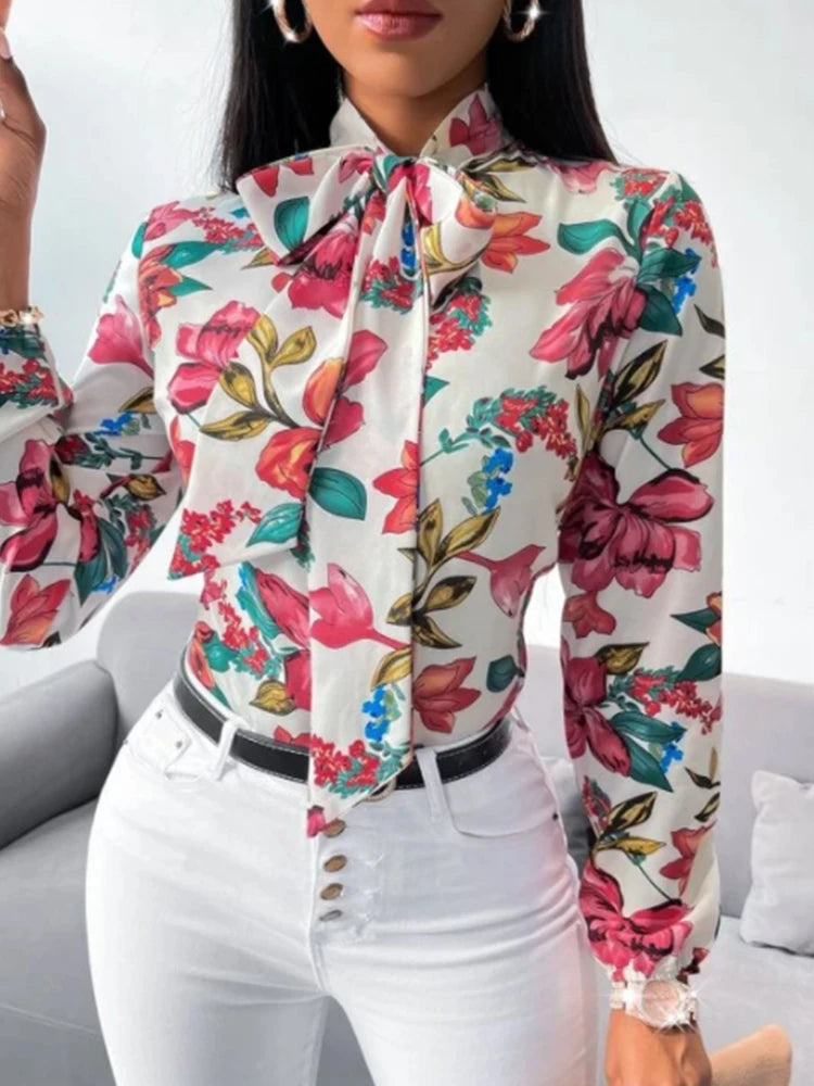 Women's Fashion Work Clothes Floral Print Bow Tie Shirt Fashion