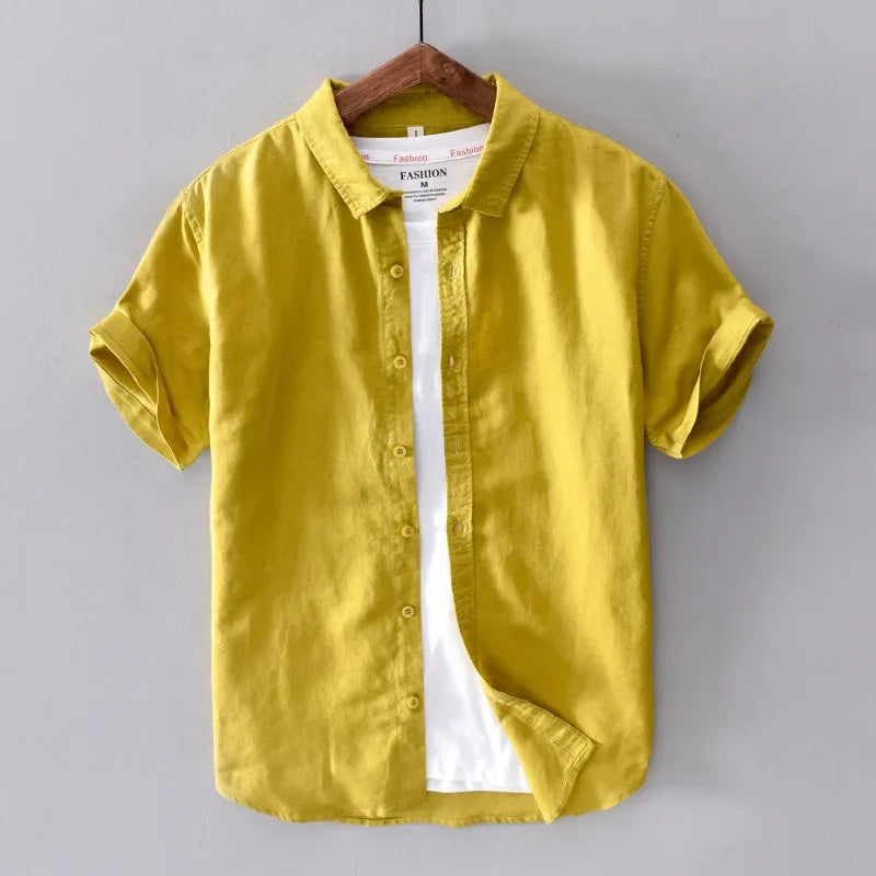 Cotton Linen Short Sleeve Shirts For Men Casual Fashion Yellow Turn Down