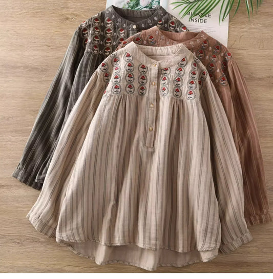 Autumn clothes for women vintage cotton yarn flowers embroider