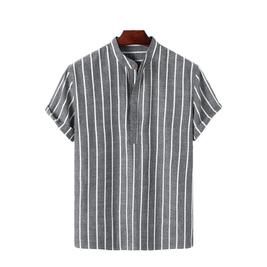 Men Fashion Striped Shirt Short Sleeve Casual Linen Shirts