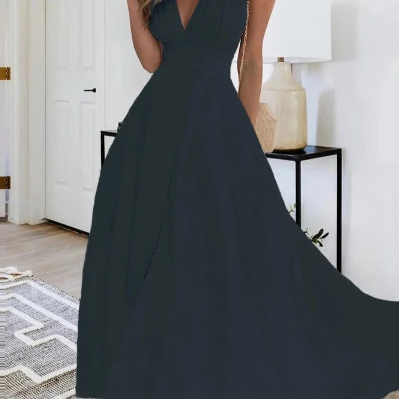 Sleeveless V Neck Side Zipper Style Long Dress Elegant Sundress