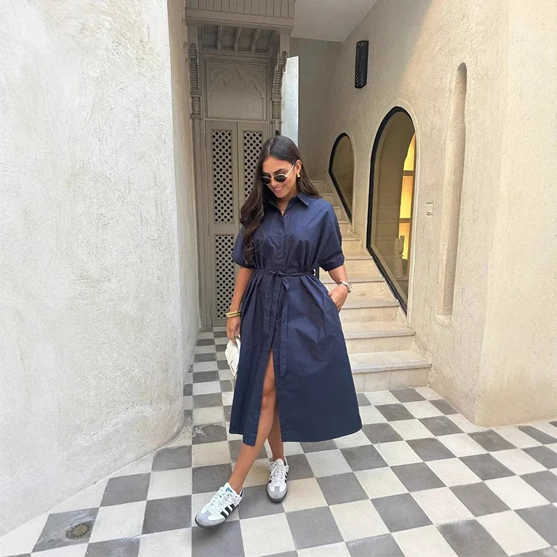 Lace Up Dress Single-Breasted Turn-Down Collar Short Sleeve