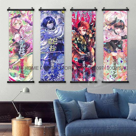 Demon Slayer Poster Kamado Tanjirou Scroll Picture Nezuko Hanging Painting Kanroji Mitsuri Wall Art Anime Uzui Tengen Home Decor