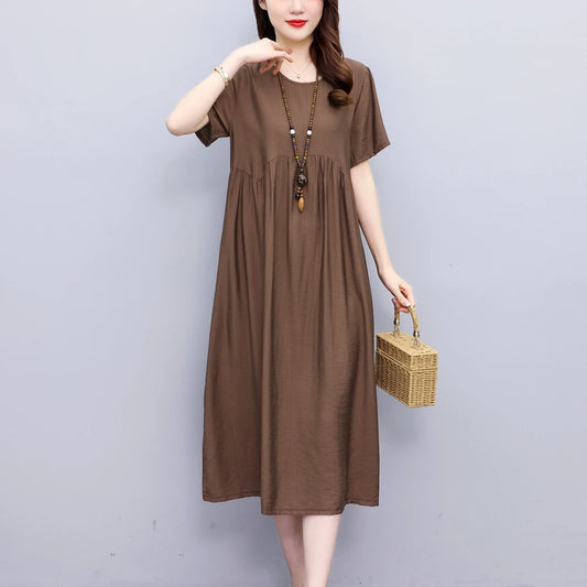 Vintage Elegant Short Sleeve Solid Women Dress O-Neck Dresses