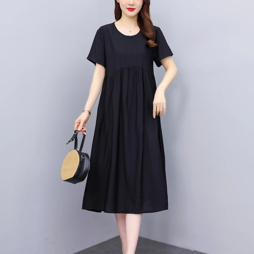 Vintage Elegant Short Sleeve Solid Women Dress O-Neck Dresses