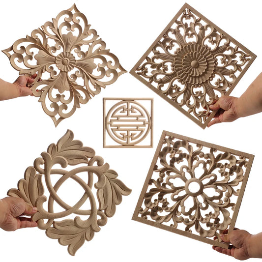 Unique Exquisite Natural Floral Wooden Carved Onlay Decal Figurines