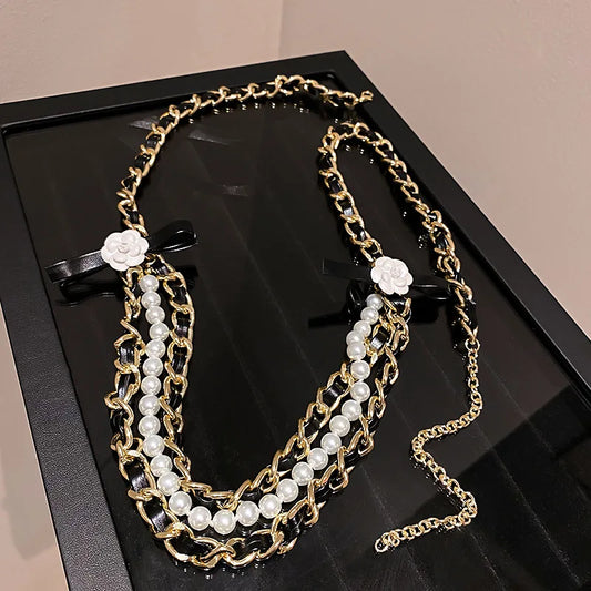 Korea Trendy Waist Chain Camellia Pearl Leather Accessories for Women Party Gift