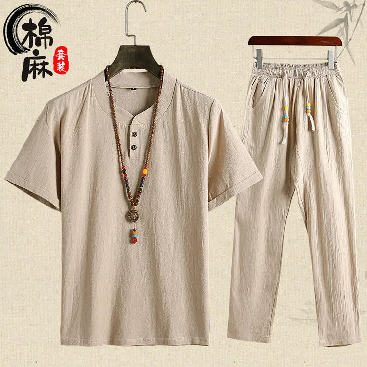 (Shirt + trousers) summer fashion men shirt Man Cotton and linen shirts