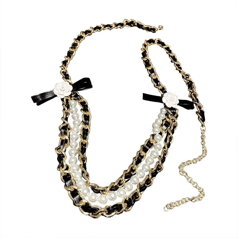 Korea Trendy Waist Chain Camellia Pearl Leather Accessories for Women Party Gift