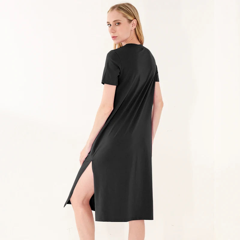 Casual Loose Short Sleeve Split Out Black Female Sexy Long Dress
