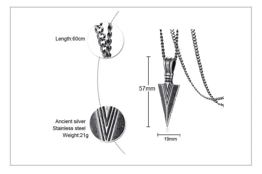 Mens Arrow Pendant Necklace for Men Stainless Steel