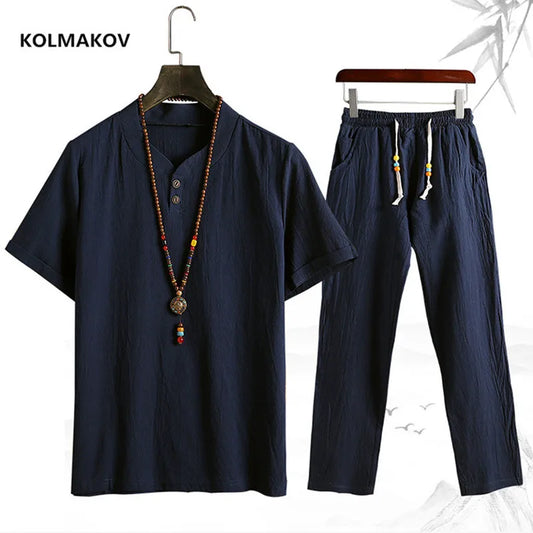 (Shirt + trousers) summer fashion men shirt Man Cotton and linen shirts