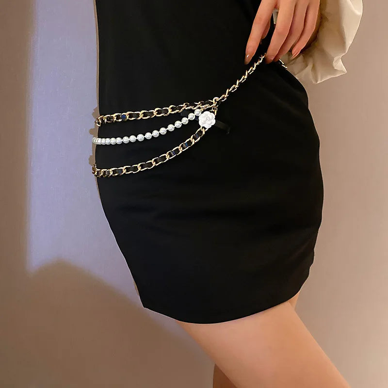 Korea Trendy Waist Chain Camellia Pearl Leather Accessories for Women Party Gift