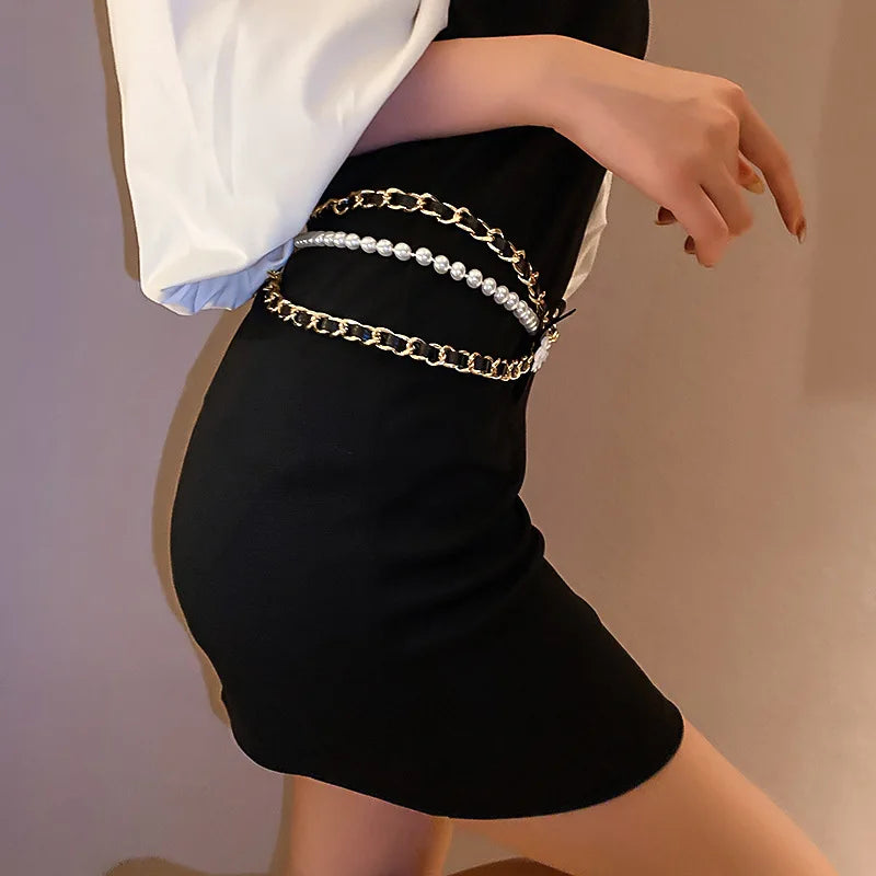 Korea Trendy Waist Chain Camellia Pearl Leather Accessories for Women Party Gift