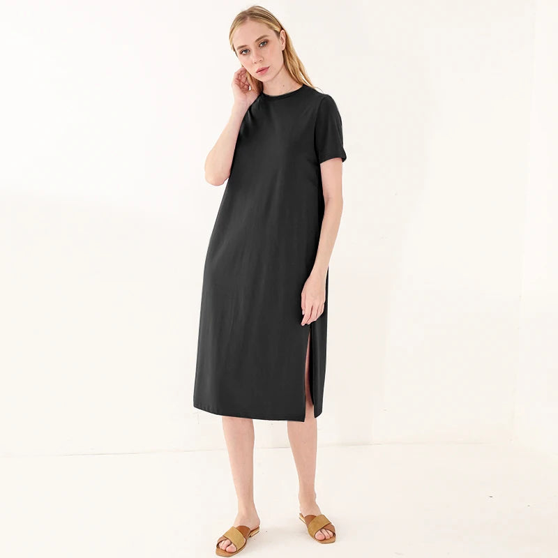 Casual Loose Short Sleeve Split Out Black Female Sexy Long Dress