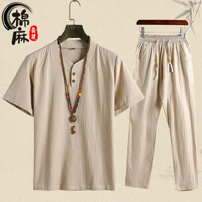 (Shirt + trousers) summer fashion men shirt Man Cotton and linen shirts