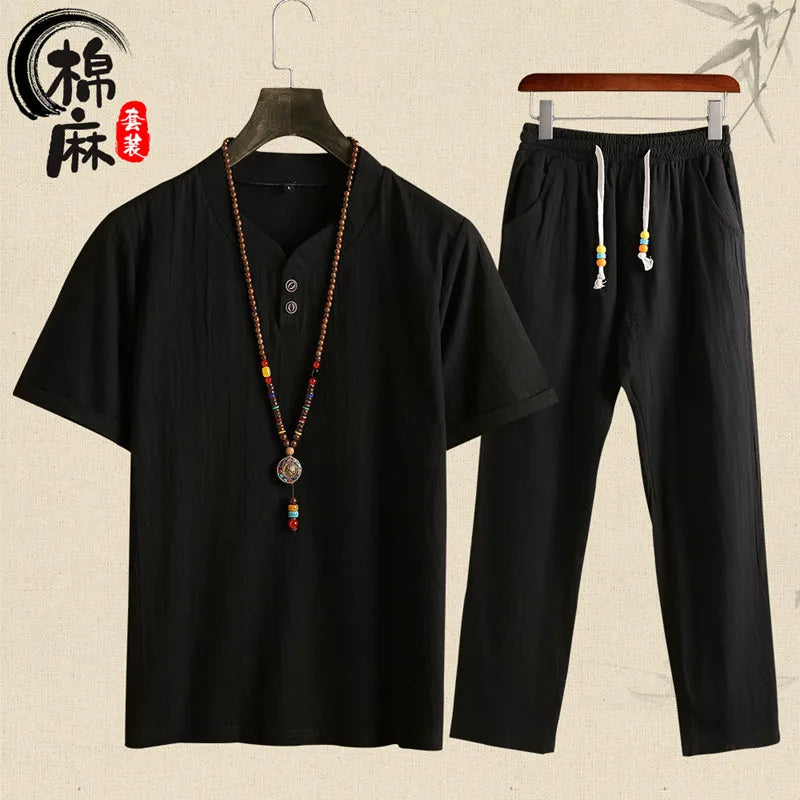 (Shirt + trousers) summer fashion men shirt Man Cotton and linen shirts