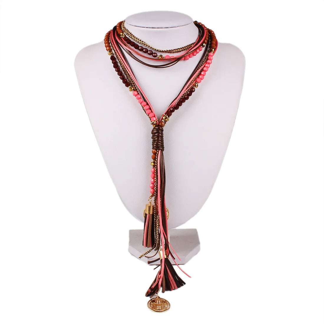 Boho Women Summer Long Necklace Handmade Round Bead Tassel Neck