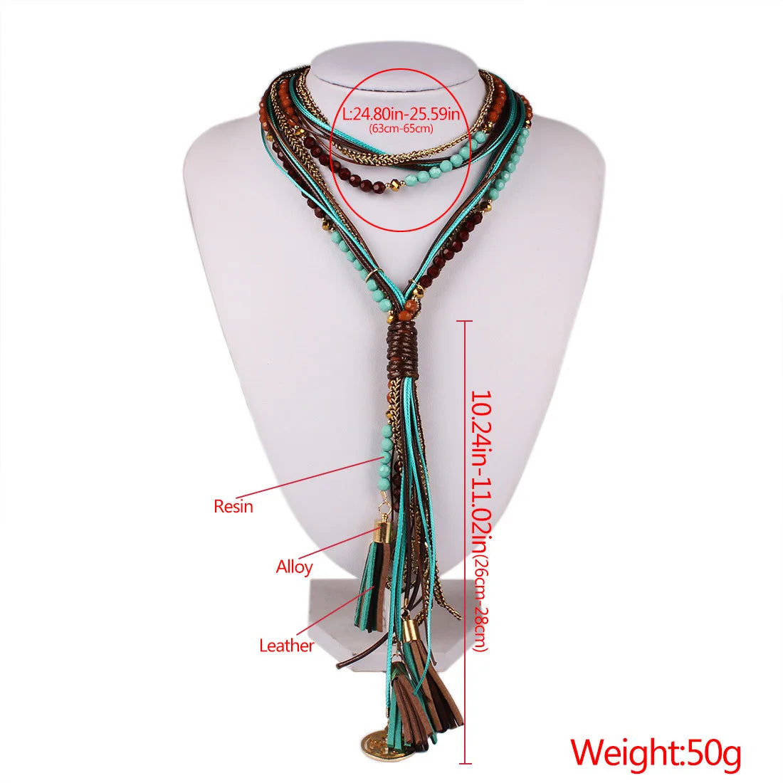 Boho Women Summer Long Necklace Handmade Round Bead Tassel Neck
