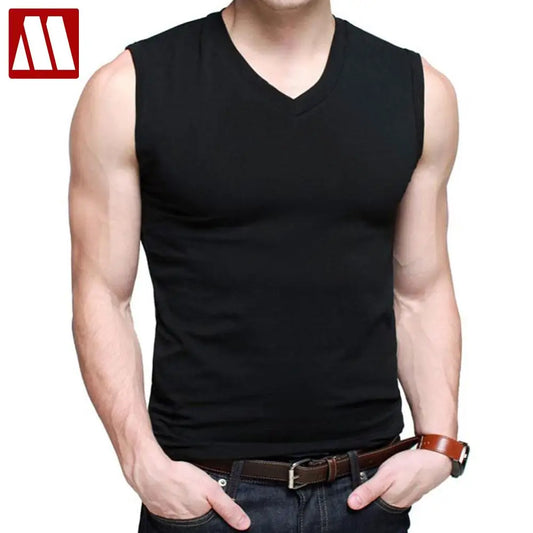 Mens Cotton T-Shirts V-Neck Sleeveless Muscle Tank Shirts Gym