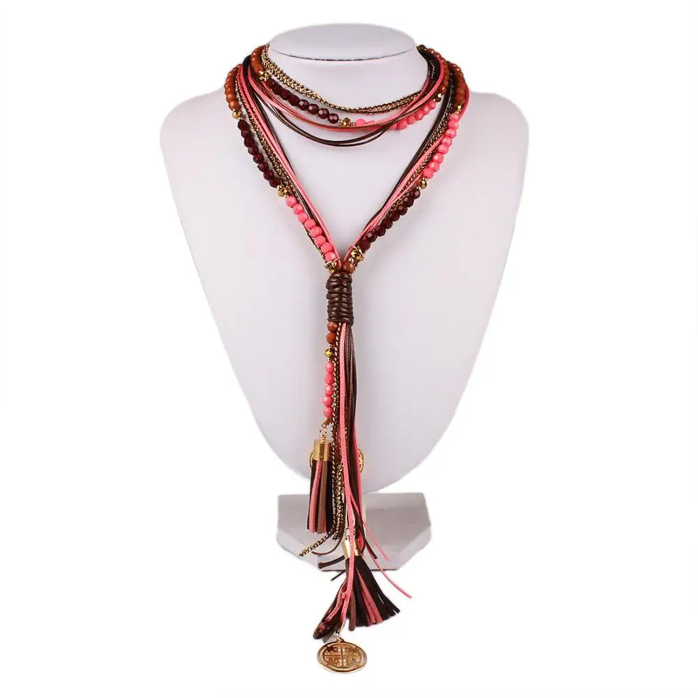 Boho Women Summer Long Necklace Handmade Round Bead Tassel Neck