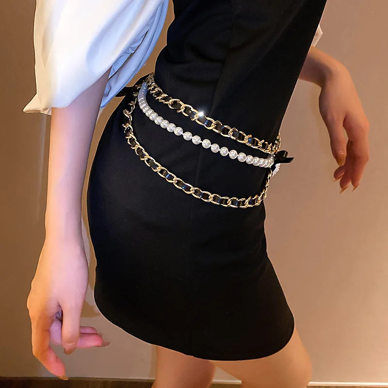 Korea Trendy Waist Chain Camellia Pearl Leather Accessories for Women Party Gift