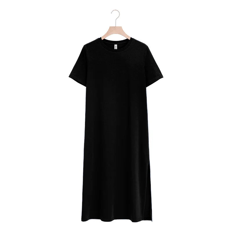 Casual Loose Short Sleeve Split Out Black Female Sexy Long Dress