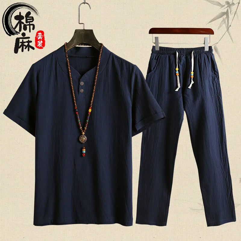 (Shirt + trousers) summer fashion men shirt Man Cotton and linen shirts