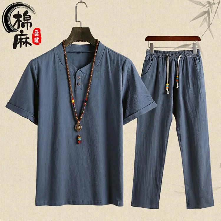 (Shirt + trousers) summer fashion men shirt Man Cotton and linen shirts