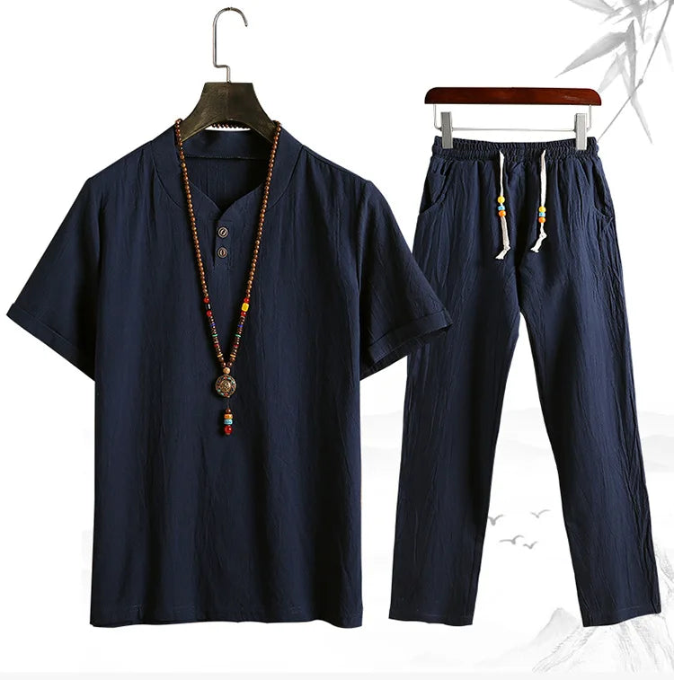 (Shirt + trousers) summer fashion men shirt Man Cotton and linen shirts