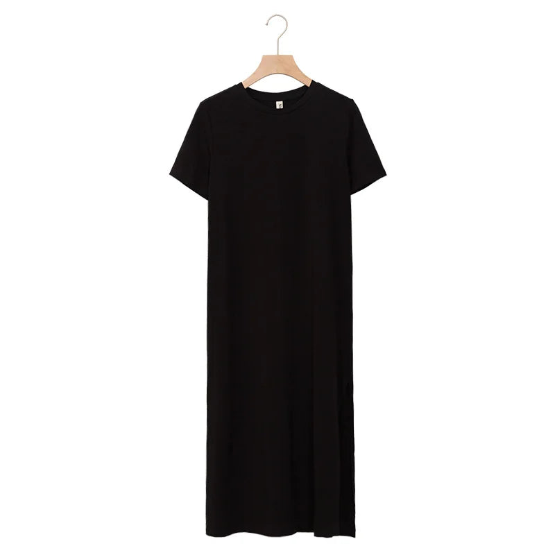 Casual Loose Short Sleeve Split Out Black Female Sexy Long Dress