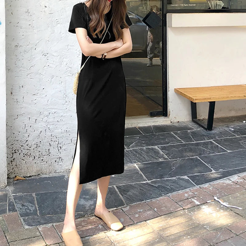 Casual Loose Short Sleeve Split Out Black Female Sexy Long Dress