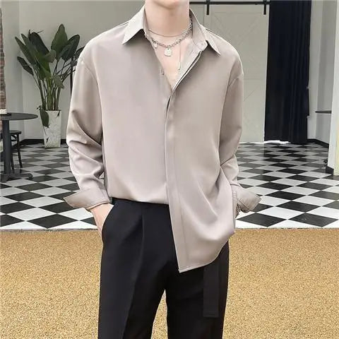 Men's Clothing Gray Chiffon Shirt Spring Fall Korean Style Loose Fit