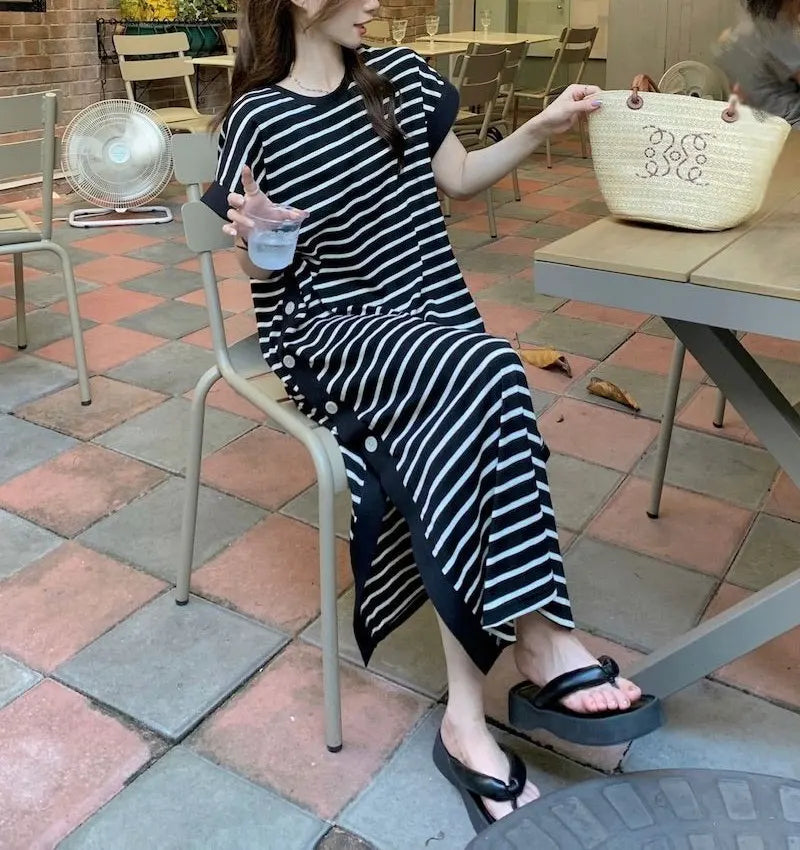 Casual Button Split Striped Dresses Short Sleeve Summer