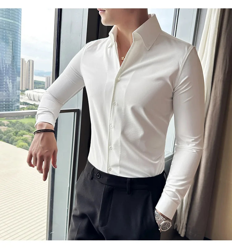 Men Dress Shirt 2025 Autumn British Style Solid Casual Slim Fit