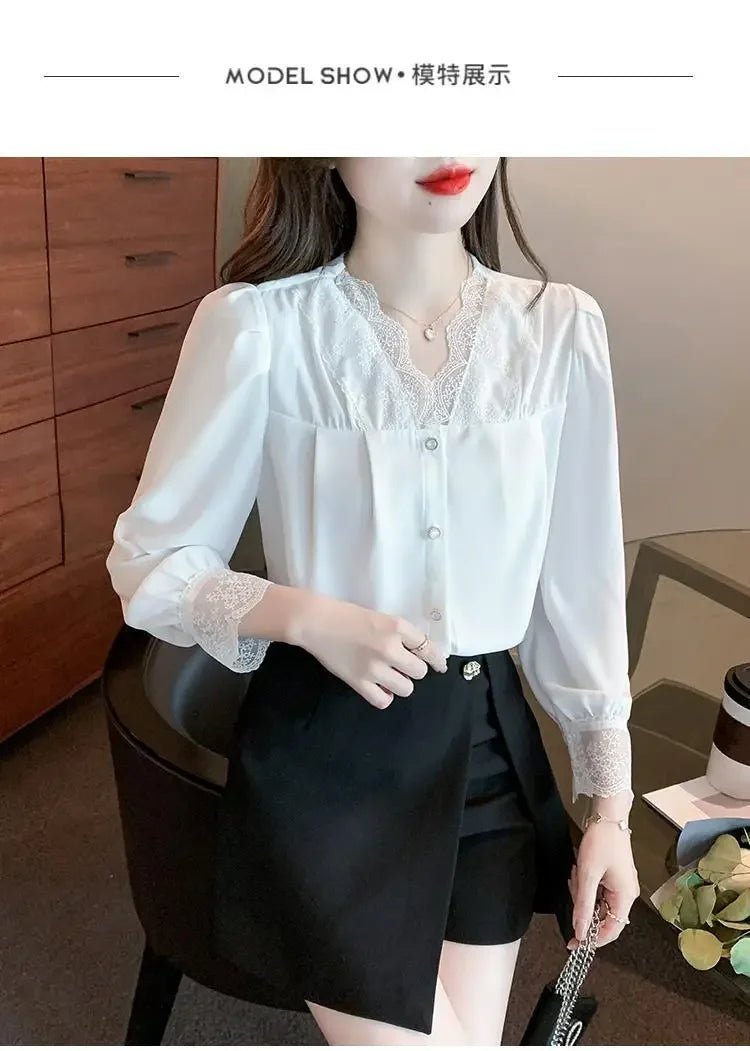 White Chiffon Blouse Spring New V-Neck