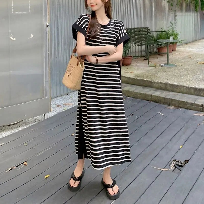 Casual Button Split Striped Dresses Short Sleeve Summer
