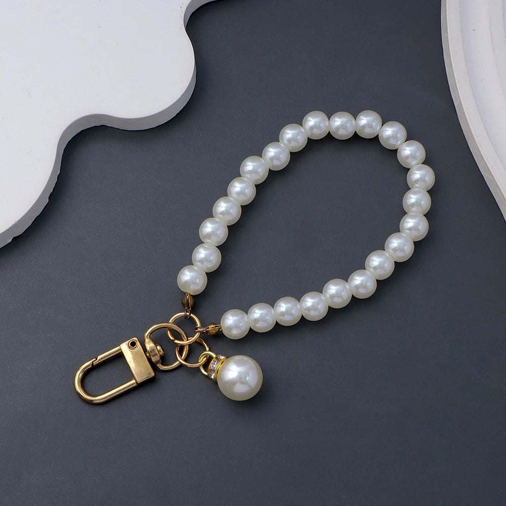 Classic Imitation Pearl Chain With Keyring Women Girls Anti-Loss Beaded