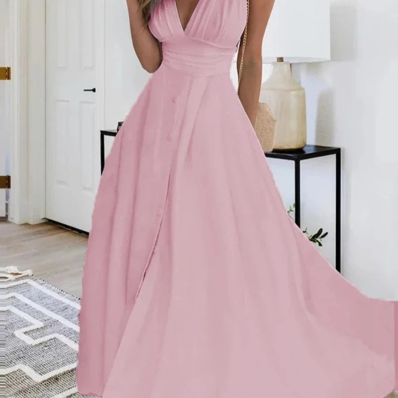 Sleeveless V Neck Side Zipper Style Long Dress Elegant Sundress