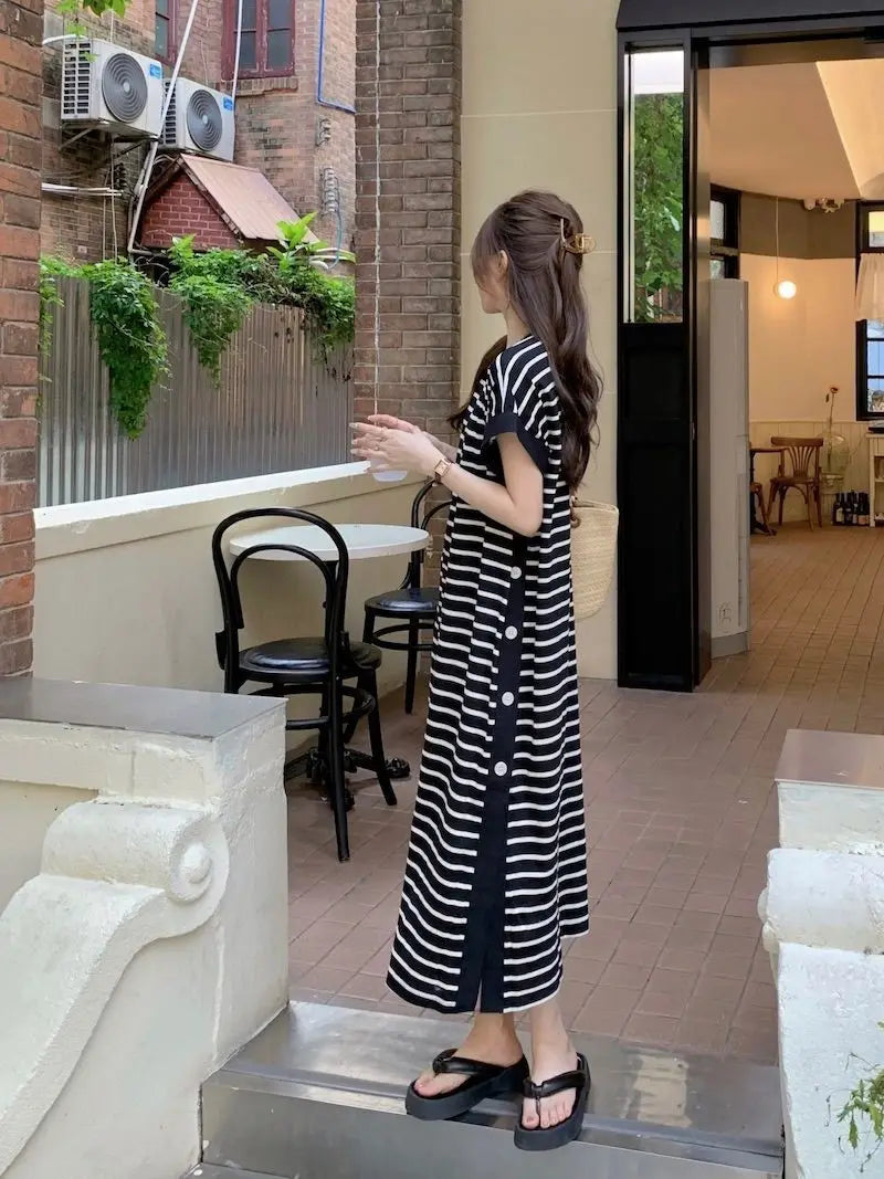 Casual Button Split Striped Dresses Short Sleeve Summer