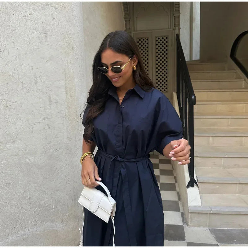 Lace Up Dress Single-Breasted Turn-Down Collar Short Sleeve