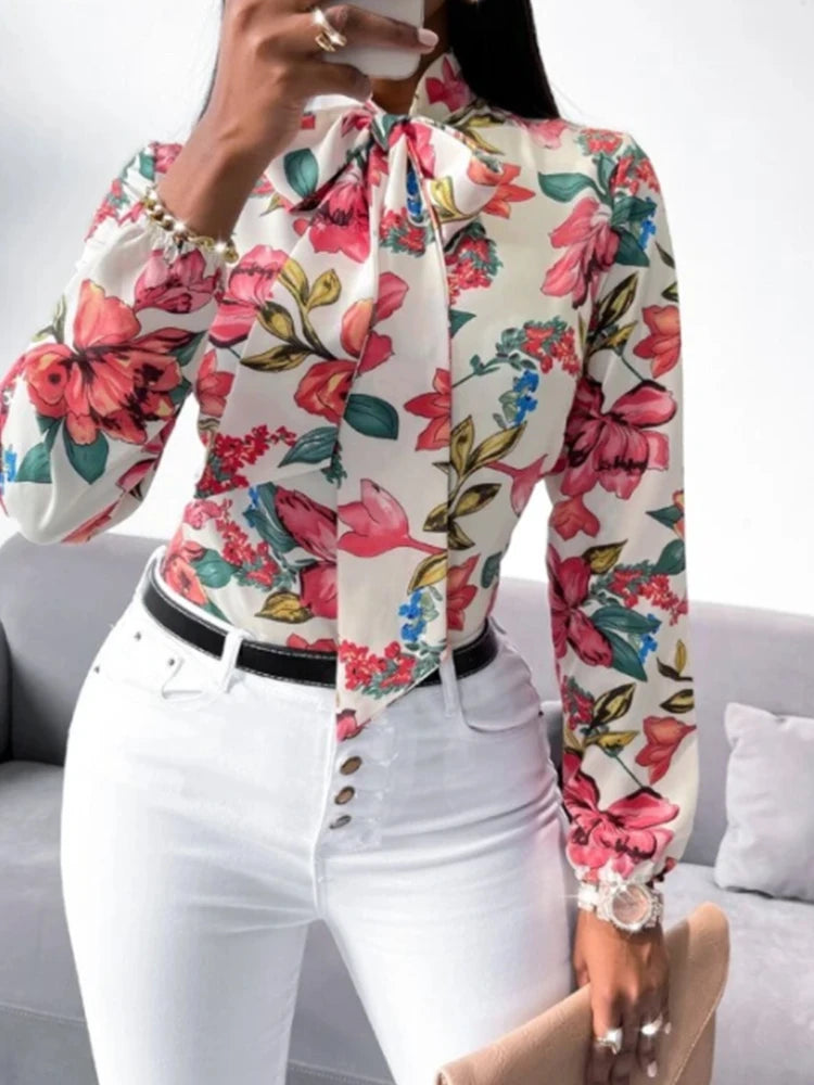Women's Fashion Work Clothes Floral Print Bow Tie Shirt Fashion