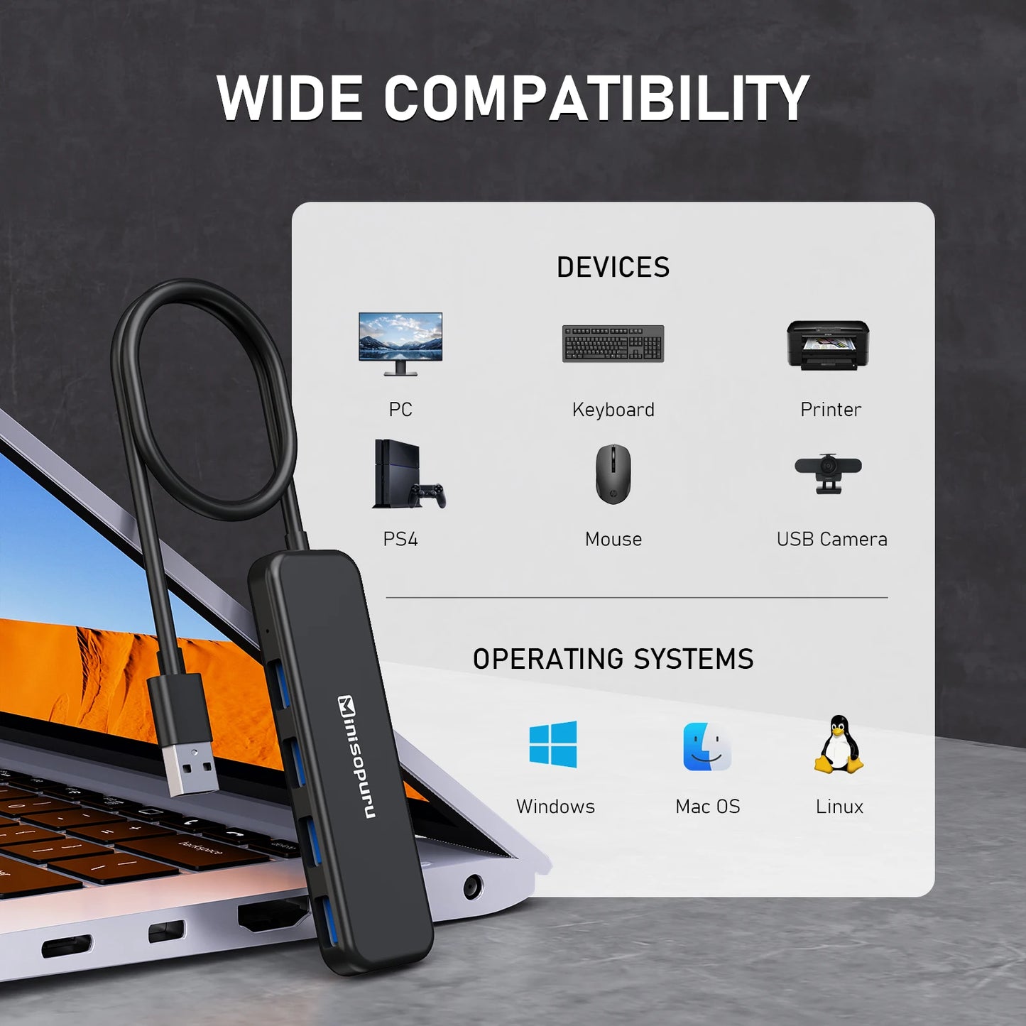 Minisopuru USB HUB 4 Port USB 3.0 External Splitter Multiple Expand High Speed