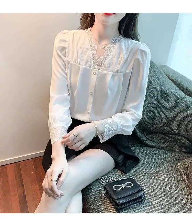 White Chiffon Blouse Spring New V-Neck Lace