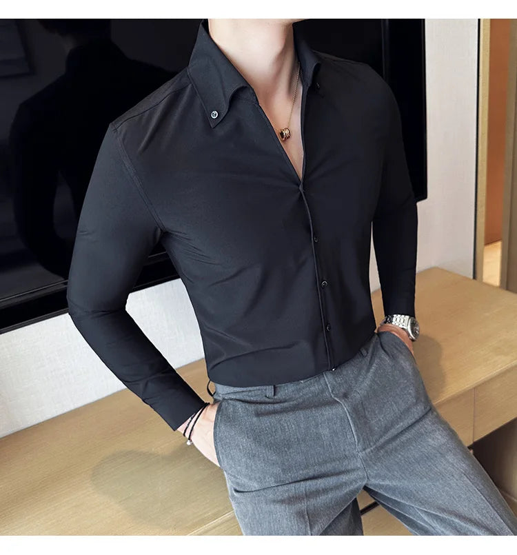 Men Dress Shirt 2025 Autumn British Style Solid Casual Slim Fit